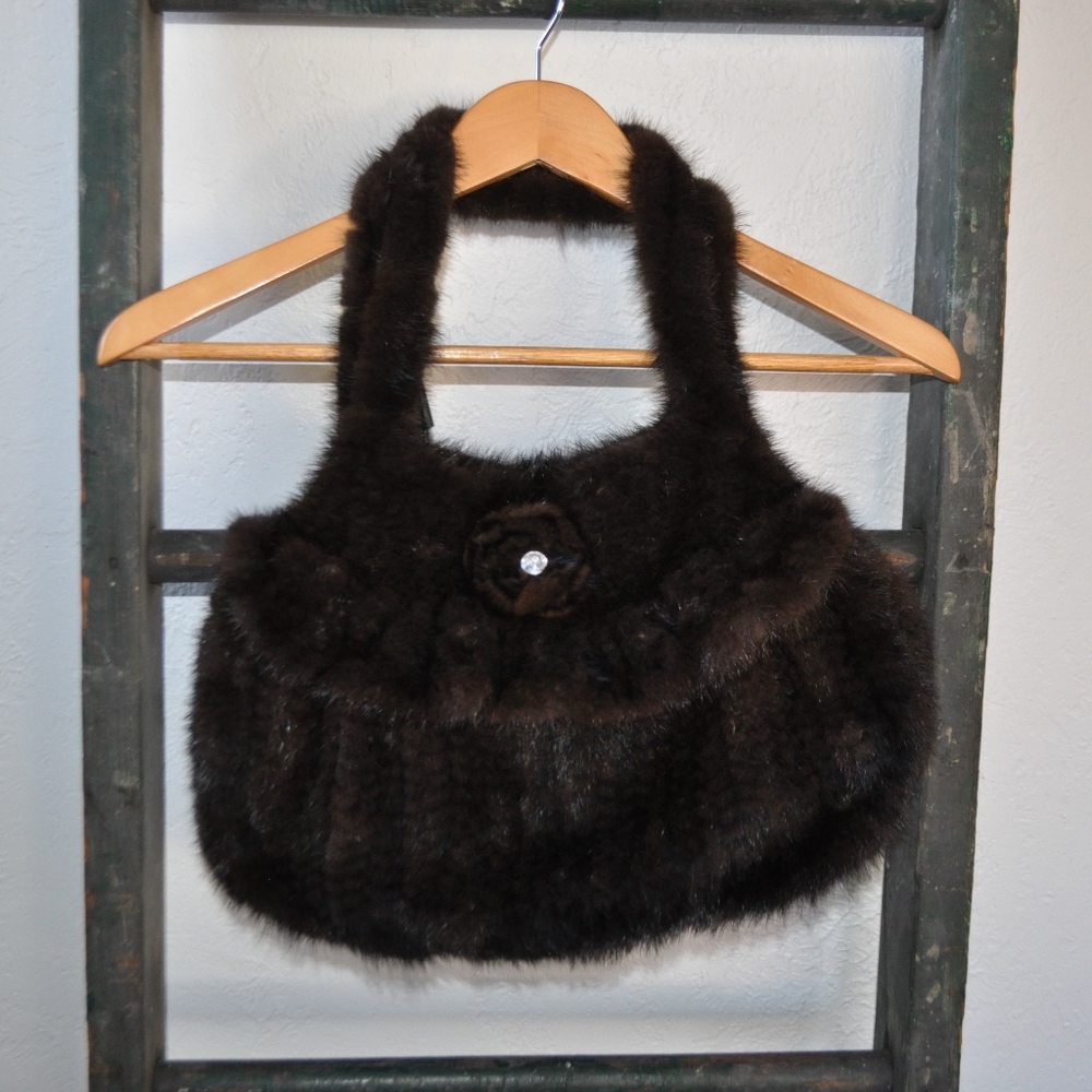 Belle Fare Knitted Mink Bag with Brown Rose